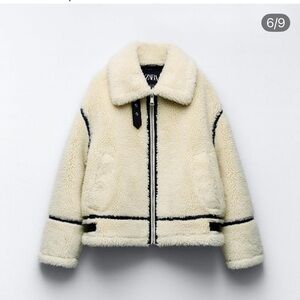 Zara Cream and Black Sherpa faux fur biker jacket xl l